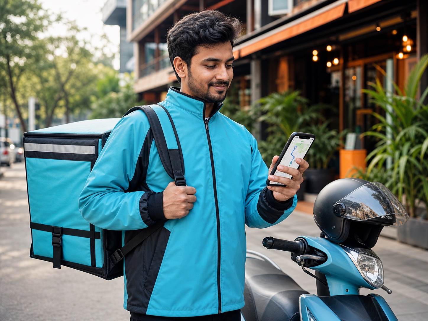 Delivery partner checking navigation beside a scooter