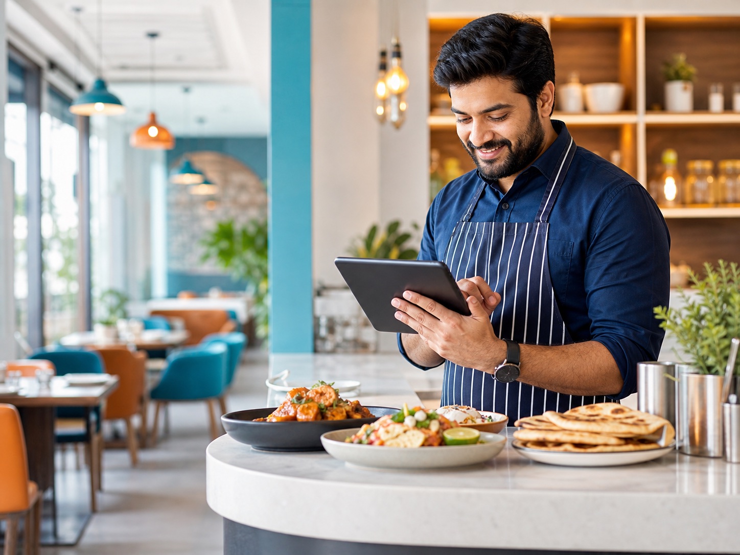 Restaurant partner reviewing online food orders on a tablet